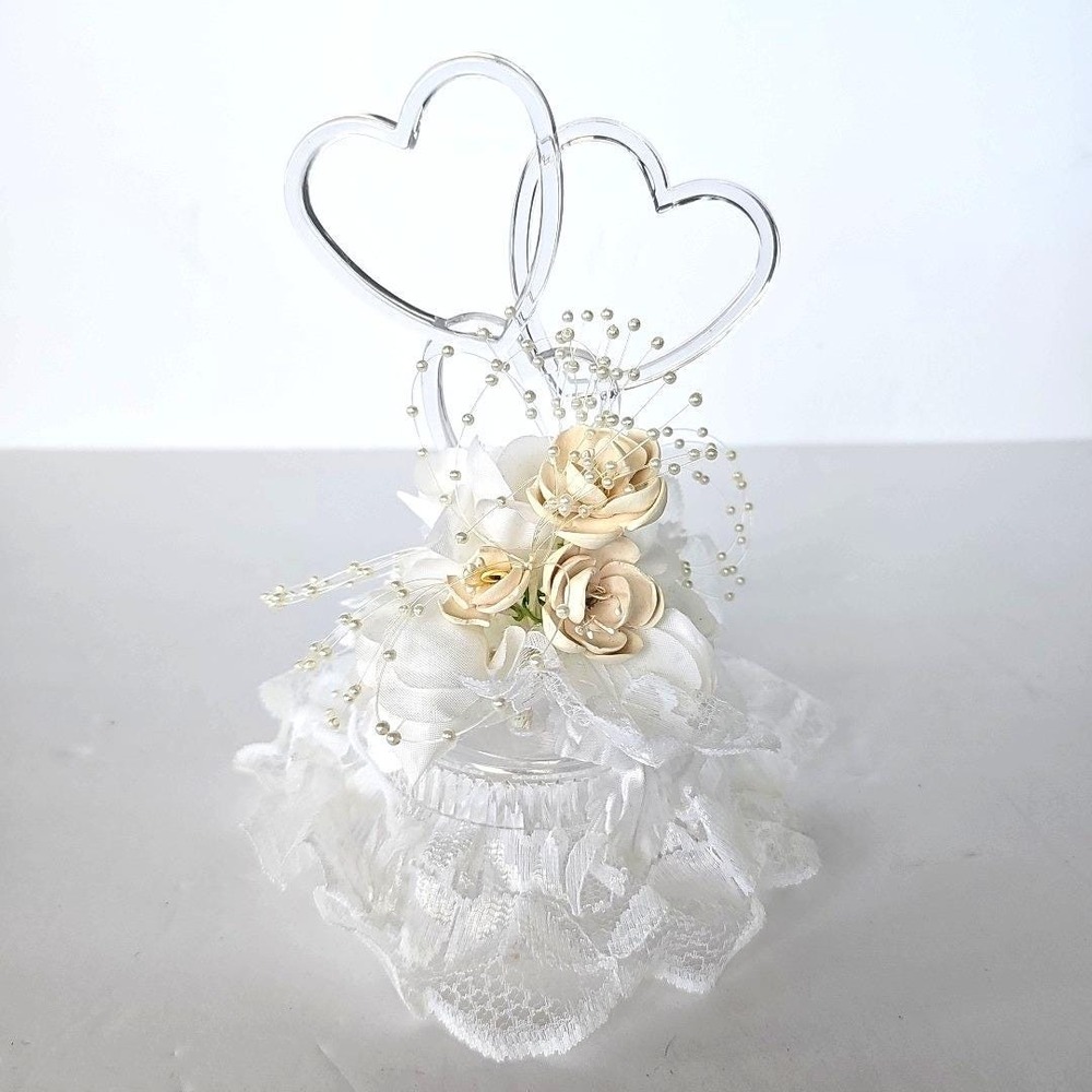 Vintage Wedding Cake Topper Double Heart Acrylic Lace Faux Pearl Bridal Decor